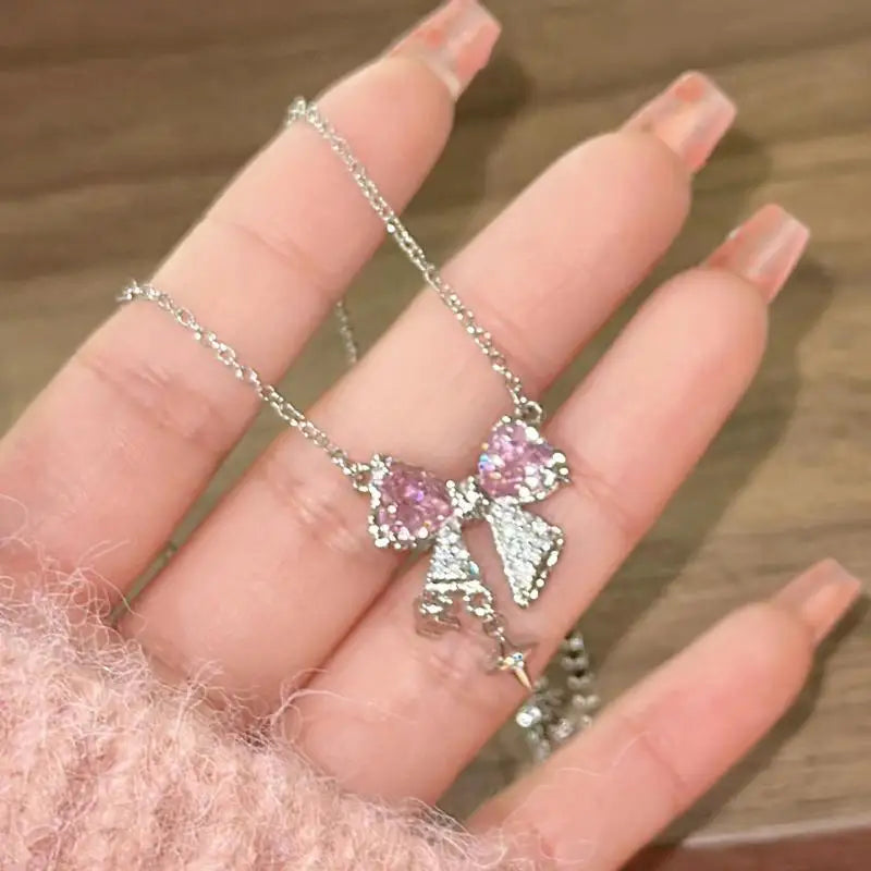 New design bow pink zircon cross pendant necklace